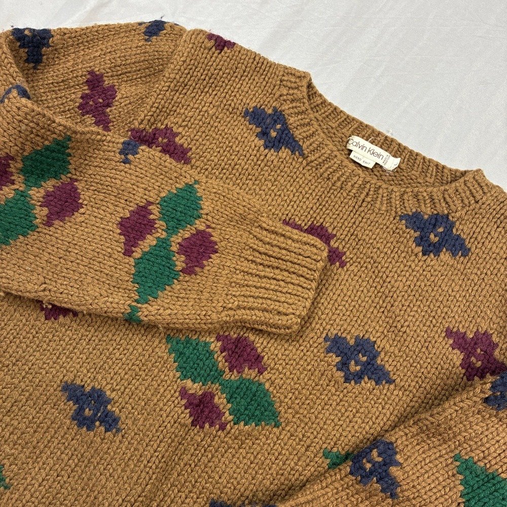 VTG Calvin Klein Geometric Sweater Large Brown Wool Hand Knit 90s Chunky